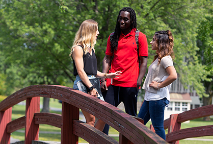 Northeast Students talking on a bridge